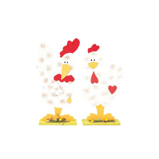 2er-Set weiße Hühnchen auf einem gelben Sockel mit Ostereiern