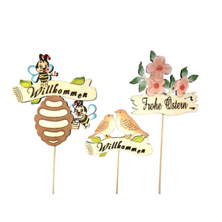 3 Stecker aus Holz, Motive: Bienen, Vögel, Blumen, Schriftzug "Willkommen" bzw. "Frohe Ostern"