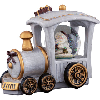 Dekorative Eisenbahn mit Schneekugel im Führerhaus, graue Lok mit goldenen Akzenten, Weihnachtsmannfigur in der Kugel, 10 cm hoch – nostalgische Weihnachtsdekoration.