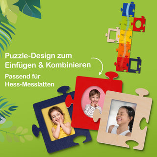 Das Bild zeigt ein Puzzleteil-Design, das zum Einfügen und Kombinieren gedacht ist. Es ist passend für die Hess-Messlatten. Der Text auf dem Bild lautet: „Puzzle-Design zum Einfügen & Kombinieren – Passend für Hess-Messlatten“.