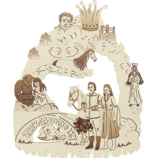 Ein aus Holz gefertigtes Fensterbild mit schattierten Akzenten, überzeugt durch seine schlichte Eleganz und detailreiche Darstellung der bekanntesten Szenen aus dem Märchen vom singenden, klingenden Bäumchen. 