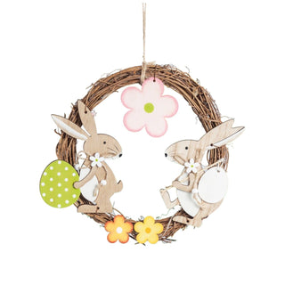 Farbiges Fensterbild mit zwei Osterhasen, Ostereiern und Blumen