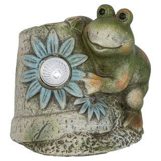 Frosch aus Keramik mit Blumentopf und Blüte. In der Mitte der Blüte befindet sich ein LED-Solarlicht_1