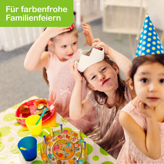 Drei Kinder sitzen an einem festlich gedeckten Tisch mit gelb-grünem Tischtuch. Auf dem Tisch stehen bunte Teller, Becher, Partyhüte und ein Geburtstagskuchen mit Kerzen und der Aufschrift „Happy Birthday“. Die Kinder tragen festliche Kleidung und Partyhüte. Oben links im Bild steht „Für farbenfrohe Familienfeiern“ in einem grünen Feld.