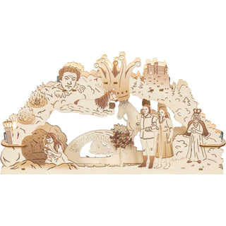 Der hölzerne Teelichtleuchter für 5 Kerzen bringt das Märchen vom singenden, klingenden Bäumchen detailgetreu wieder. Kleine Filmausschnitte sind bildlich festgehalten. Bild 1.