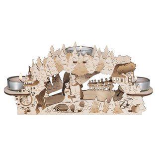 Den Holzteelichthalter für 3 Teelichte ist mit schattierten Akzenten versehen. Verschiedene Szenen aus dem DEFA - Märchen werden abgebildet.