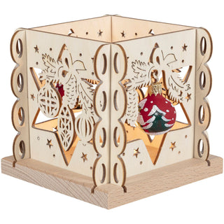 Teelichthalter aus Holz mit weihnachtlichen Motiven und auf den gegenüberliegenden Seiten mit 2 handbemalten roten Glaskugeln verziert. Mit einem Teelicht beleuchtet..