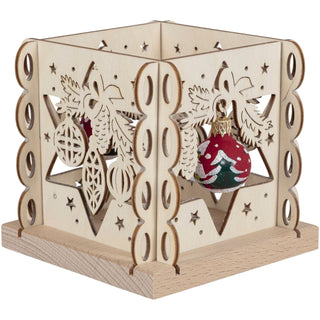 Teelichthalter aus Holz mit weihnachtlichen Motiven und auf den gegenüberliegenden Seiten mit 2 handbemalten roten Glaskugeln verziert.