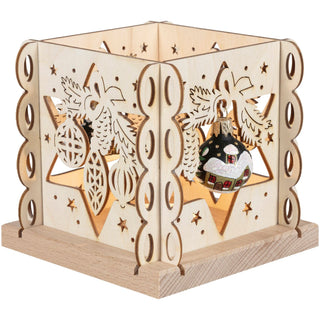 Teelichthalter aus Holz mit weihnachtlichen Motiven und auf den gegenüberliegenden Seiten mit 2 handbemalten schwarzen Glaskugeln verziert. Mit einem Teelicht beleuchtet.