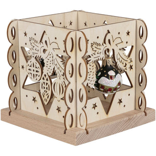 Teelichthalter aus Holz mit weihnachtlichen Motiven und auf den gegenüberliegenden Seiten mit 2 handbemalten schwarzen Glaskugeln verziert.