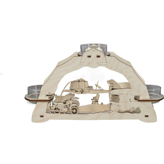 Dieser kleine hölzerne Lichterbogen in Naturfarbe kann mittels 3 Teelichter wunderbar Gemütlichkeit und Wärme vermitteln. Ideal für Camping-Freunde. 
Das Gefühl der Freiheit und Flexibilität mit Motorrad, Zelt und Wohnwagen zu verreisen, ist ein besonderes Glück. Man kann die Natur in allen Zügen genießen. Hier kehren vielleicht alte Urlaubserinnerungen zurück.