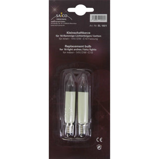 Mit Verpackung abgebildet, ist das Set von 2 Kleinschaftkerzen für 16 flammige Schwibbögen zu 14 Volt, 3 Watt und für die Fassung E10 geeignet. Bild 2.