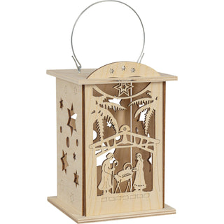 Die Laterne "Christi Geburt"aus Hlzzeigt auf der Vorderseite die Heilige Familie. Kann sowohl mit Teelicht als auch mit dem mitgelieferten LED Stripe betrieben werden.