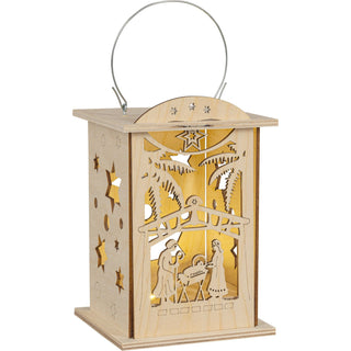 Die Laterne "Christi Geburt"aus Hlzzeigt auf der Vorderseite die Heilige Familie. Kann sowohl mit Teelicht als auch mit dem mitgelieferten LED Stripe betrieben werden. Hier beleuchtet mit LED stripe.