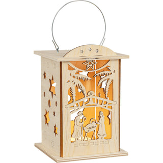 Die Laterne "Christi Geburt"aus Hlzzeigt auf der Vorderseite die Heilige Familie. Kann sowohl mit Teelicht als auch mit dem mitgelieferten LED Stripe betrieben werden. Hier beleuchtet mit Teelicht.