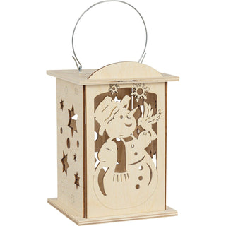 Deie Laterne "Schneemann" kann mit Teelicht oder LED betrieben werden. Af der Vorderseite sieht man einen fröhlichen Scneemann mit Vöglein. Laterne hier unbeleuchtet.