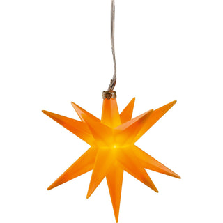 Gelber LED Adventsstern mit 8 cm Durchmesser, batteriebetrieben mit Timerfunktion, warm leuchtend und mit Aufhängedraht – kompakte Weihnachtsbeleuchtung für flexible Dekoration.