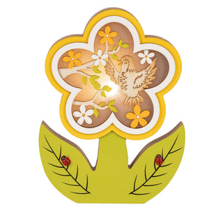 Blume aus Holz mit LED-Beleuchtung, batteriebetrieben mit einem Timer. Auf der Blüte befindet sich ein Blütenzweig und ein Vögelchen. Die Blütenblätter sind grün und die Blüte in elb und grün_1
