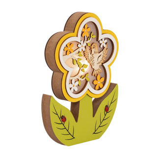 Blume aus Holz mit LED-Beleuchtung, batteriebetrieben mit einem Timer. Auf der Blüte befindet sich ein Blütenzweig und ein Vögelchen. Die Blütenblätter sind grün und die Blüte in elb und grün_2
