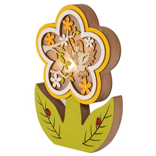 Blume aus Holz mit LED-Beleuchtung, batteriebetrieben mit einem Timer. Auf der Blüte befindet sich ein Blütenzweig und ein Vögelchen. Die Blütenblätter sind grün und die Blüte in elb und grün_3