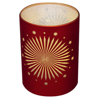 Rotes LED-Dekoglas mit satinroter Oberfläche und goldenen Sternmotiven, ein großer zentraler stahlenförmiger Stern und kleinere umliegende Sterne. Das Glas hat eine glitzernde Innenstruktur und wird von innen beleucht.