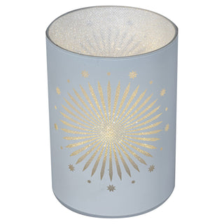 Kompaktes LED-Dekoglas mit satinweißer Oberfläche und silbernem Sterndekor, 10 cm hoch, mit integrierter Beleuchtung, Batteriebetrieb und Timerfunktion.
