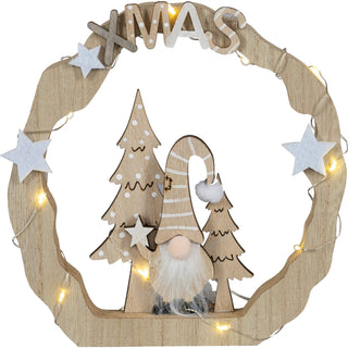 LED-Dekoration mit Wichtel, Holzrahmen mit ‚XMAS‘-Schriftzug, Weihnachtsbäumen, Sternen und integrierter Beleuchtung – stimmungsvolle Weihnachtsdeko, 18 cm hoch.