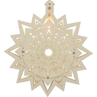 Sternförmige Dekoration: Die filigranen Ausschnitte zeigen kleine Sterne und Ornamente. Die LED Beleuchtung von innen erzeugt einen leuchtenden Effekt.“