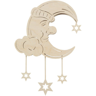 Holzschnitt eines lächelnden, schlafenden Mondes mit Mütze, umgeben von Wolken und hängenden Sternen.