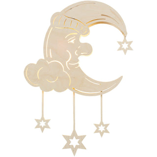 Holzschnitt eines lächelnden, schlafenden Mondes mit Mütze, umgeben von Wolken und hängenden Sternen.