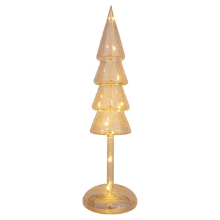 Amber-goldener LED-Weihnachtsbaum aus Glas, 32 cm hoch, mit integrierten LED-Lichtern und Timerfunktion für Batteriebetrieb. Der Baum hat eine elegante, gläserne Struktur mit warmem Lichtschein.
