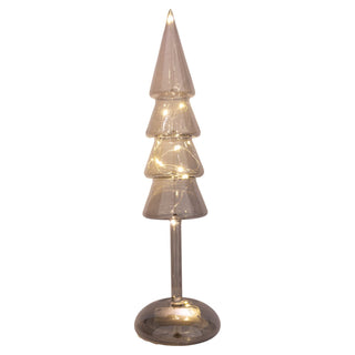 Grauer LED-Weihnachtsbaum aus Glas, 32 cm hoch, mit warmweißer LED-Beleuchtung, Batteriebetrieb und Timerfunktion – moderne Weihnachtsdeko mit stilvollem Licht.