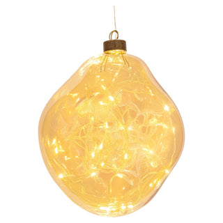 LED Glasform in organischer Form zum Hängen in Amber-Gold, 19 cm hoch, mit 15 warmweißen LEDs, Batteriebetrieb und Timerfunktion für dekorative Beleuchtung.