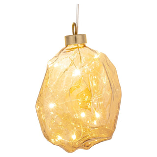 LED Glasnugget zum Hängen in Amber-Gold, 10 cm hoch, mit strukturierter Oberfläche, warmweißer LED-Beleuchtung, Metallaufhängung, batteriebetrieben mit Timerfunktion – dekoratives Lichtobjekt für festliche Dekoration.