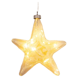 LED Glasstern zum Hängen in Amber-Gold, 16 cm hoch, mit warmweißen LED-Lichtern, batteriebetrieben und Timerfunktion für stimmungsvolle Beleuchtung.