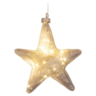 LED Glasstern zum Hängen in Grau, 16 cm hoch, mit warmweißen LED-Lichtern, batteriebetrieben und Timerfunktion für stimmungsvolle Beleuchtung.