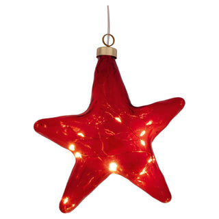 LED Glasstern in Rot zum Hängen, 16 cm hoch, mit warmweißen LEDs, batteriebetrieben und Timerfunktion – ideal für festliche Lichtdekoration.