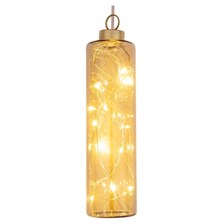 LED Glaszylinder zum Hängen in Amber-Gold, 14 cm hoch, mit warmweißer LED-Beleuchtung, Metallaufhängung, Batteriebetrieb und Timerfunktion – elegante Lichtdeko für Fenster, Zweige oder Wand.