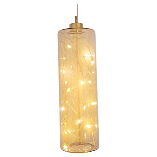 Hängender LED-Zylinder aus amber-goldenem Glas, 18 cm hoch, mit integrierter warmweißer Lichterkette, Metallaufhängung, batteriebetrieben mit Timer – dekorative Beleuchtung für Innenräume.
