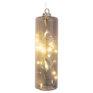 LED Glaszylinder zum Hängen in Grau, 18 cm hoch, mit warmweißem LED-Licht und Metallaufhängung für dekorative Beleuchtung.







