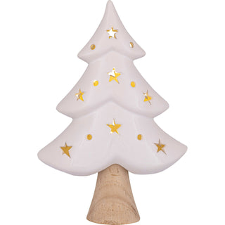 Weißer LED-Keramikbaum mit Stern- und Kreis-Ausschnitten auf natürlichem Holzstamm, 21 cm hoch – stimmungsvolle Weihnachtsdekoration mit warmem Licht.