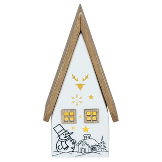 LED-Keramikhaus mit Holzdach, 21 cm hoch, beleuchtete Fenster, winterliche Motive mit Schneemann, Haus und Baum, dekoriert mit Sternen und Rentiergeweih, batteriebetrieben mit Timer.