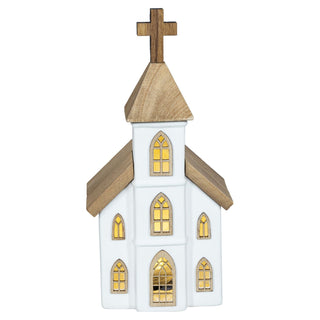 Weiße LED-Keramikkirche mit Rundbogenfenstern, warmem Lichtschein, Holzdach und Kreuz, 23 cm hoch, batteriebetrieben mit Timerfunktion.