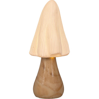 LED-Dekoration in Form eines Keramikpilzes mit gerippter Oberfläche, montiert auf einem naturbelassenen Holzstamm. Der Pilz leuchtet von innen durch integrierte LED-Beleuchtung. Die Höhe beträgt 26 cm. Batteriebetrieb ermöglicht flexible Platzierung ohne Kabel.