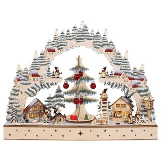 LED Lichterbogen „Drehender Weihnachtsbaum“, 50 cm breit, mit beleuchtetem Winterdorf, rot geschmücktem Baum, Figuren, Sternsockel und Timerfunktion.