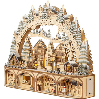 Holz-Lichterbogen „Weihnachtsmarkt“ mit 12 warmweißen LEDs, 60 cm breit, batteriebetrieben oder mit Trafo für Netzbetrieb, inklusive Timerfunktion. Darstellung beleuchtet seitlich von rechts.