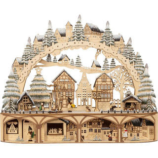 Holz-Lichterbogen „Weihnachtsmarkt“ mit 12 warmweißen LEDs, 60 cm breit, batteriebetrieben oder mit Trafo für Netzbetrieb, inklusive Timerfunktion. Darstellung unbeleuchtet von vorn.