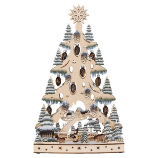 LED Lichterspitze „Baum mit Glas – Tannenzapfen“, 44 cm hoch, mit LED-Beleuchtung, Glaszapfen, Holzbaum, Figuren, Häusern und winterlicher Szenerie.