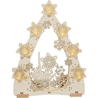 Diese Lichterspitze ist eine dekorative Holzstruktur in Form Dreiecks: Verziert mit filigranen Schneeflocken, von denen einige mittels LED beleuchtet sind. 