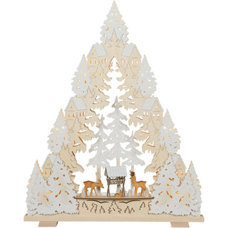 Lichterspitze mit geschnitzten Rehen aus Holz und beschneiter Winterlandschaft.